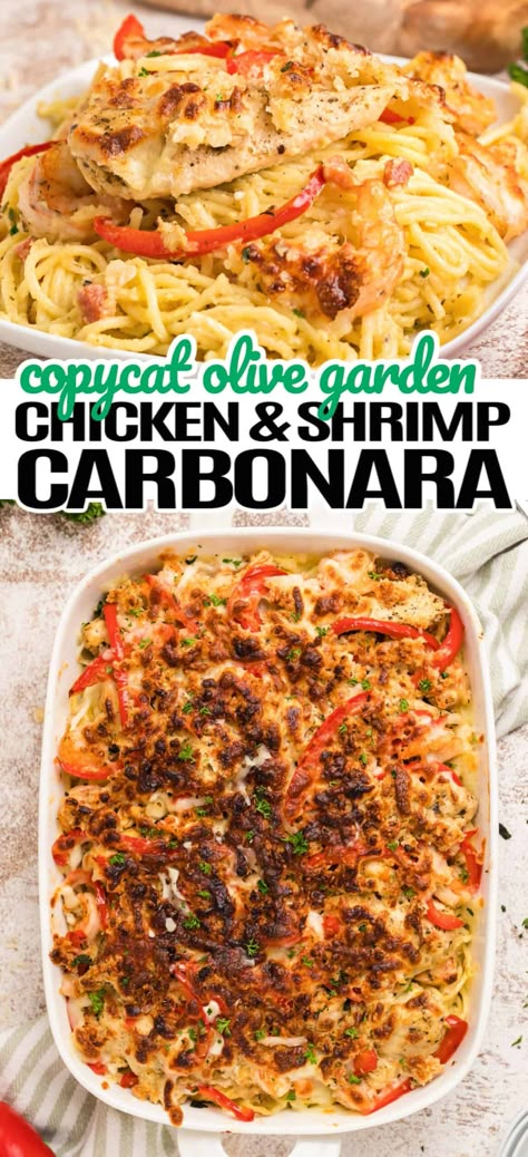 Chicken Carbonara Olive Garden, Carbonara With Shrimp, Carbonara Chicken, Chicken Carbonara Pasta, Chicken And Shrimp Carbonara, Copycat Olive Garden Chicken, Carbonara Recipe Creamy, Shrimp Carbonara, Garlic Cheddar Biscuits