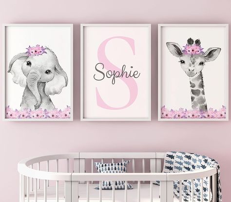 Pink Giraffe Bedroom, Pink And Grey Princess Nursery, Animal Nursery Pink, Pink Elephant Nursery Art, Safari Room Decor, Safari Wall Decor, Safari Room, Safari Animal Wall Art, Safari Nursery Art