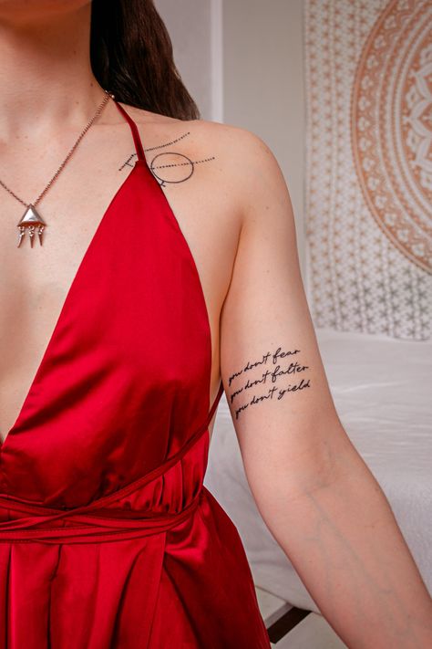 Cute Tattoo Arm quote bookquote dress tattooed girl Daring Greatly Tattoo, Quotes Arm Tattoo, Acotar Best Friend Tattoos, You Do Not Fear You Do Not Falter Tattoo, Acotar Sleeve Tattoo, You Do Not Fear You Do Not Falter, Acotar Quote Tattoo, Book Tattoo Ideas Quotes, Acotar Tattoo Quotes