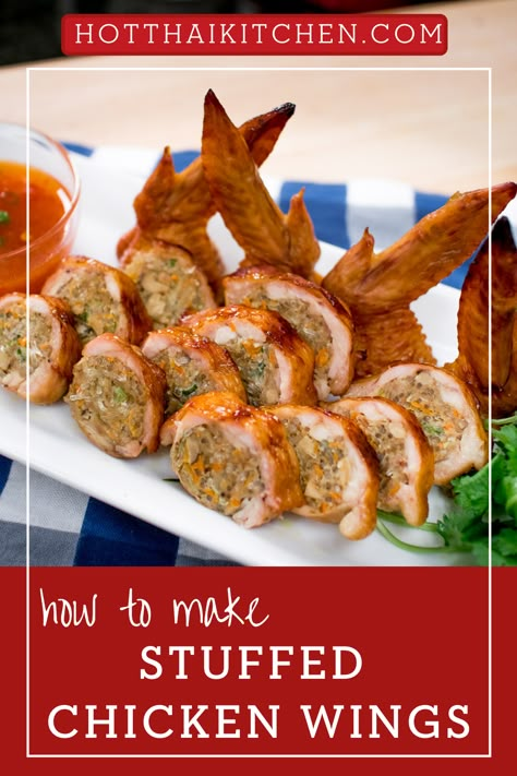 Stuffed Chicken Wings Thai, Stuffed Wings Chicken, Thai Stuffed Chicken Wings, How To Debone Chicken Wings, Stuffed Chicken Wings Recipe, Stuff Chicken Wings, Canolli Recipe, Stuffed Wings, Stuffed Chicken Wings