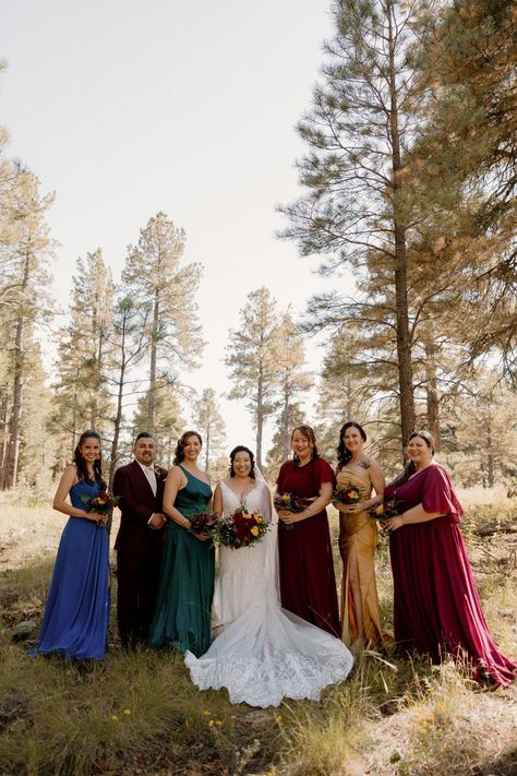 Bridesmaids Autumn, Bridesmaids Dresses Mismatched, Jewel Tone Bridesmaid Dresses, Arizona Forest, Forest Wedding Venues, Jewel Tone Bridesmaid, Bridesmaid Color Palette, Bridesmaid Bouquet Alternatives, Mismatched Bridesmaids Dresses