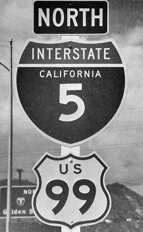 California - interstate 5 and U. S. highway 99 sign. Interstate 5 California, Highway Sign Tattoo, Highway Signs Aesthetic, Old Road Signs, Interstate Tattoo, Cafe Scrambler, California Sign, Interstate 5, California Tattoo