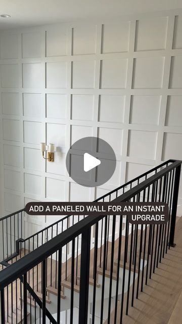 Kelly Griffiths on Instagram: "Save for later: add a large paneled wall for an instant upgrade! It’s important to plan your layout ahead of time and figure out how to end the paneling. Things to consider:

1. Doorways: how can the paneling go around the doorways and still match the rest of the design of the home.
2. Transition areas: any openings, transitions need to blend in as well.
3. Outlets and switches: how will the paneling affect their placement. Plan ahead before electrical.
4. We used Sherwin Williams Pure White in semi gloss.
So easy to wipe down in a high traffic area.

#panelling #panel #designbuild #customhomes #customhome #newbuild #newbuildhome #homesweethome #homestyle #rennovation #characterdesign #stairs #staircase #modernhome #interiordesigners #homeinspo #stairsofinsta Stairway Paneling, Curved Staircase Wainscoting, Wayne’s Coating Stairwell, Sherwin Williams Pure White, Save For Later, Planning Ahead, New Builds, Sherwin Williams, Pure White