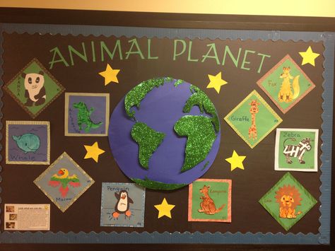 Animal planet bulletin board Animal Planet Decorations, Ecosystems Bulletin Board, Habitat Bulletin Board Ideas, Animal Themed Bulletin Boards, Toddler Classroom Bulletin Board Ideas, Animal Bulletin Board Ideas, Animal Bulletin Board, Animals Bulletin Board, Farm Bulletin Board