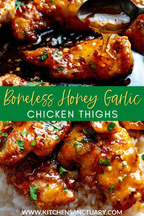 Sticky tender boneless chicken thighs in a garlic, soy and honey sauce. Minimal ingredients, simple to prepare and ready in 20 minutes! #honeygarlicchicken #honeychicken #chinesechicken #chickenthighs #garlicchicken Easy Honey Garlic Chicken, Garlic Chicken Thighs, Honey Chicken Recipe, Honey Garlic Chicken Thighs, Chicken Honey, Garlic Chicken Recipes, Boneless Chicken Thigh Recipes, Honey Chicken, Boneless Chicken Thighs