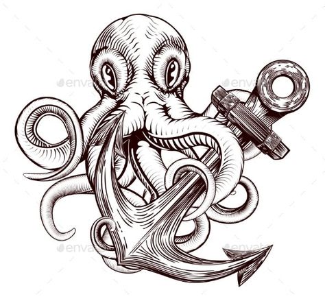 Octopus Anchor - Animals Characters Octopus Anchor Tattoos, Anchor Drawings, Ship Sketch, Family First Tattoo, Anchor Tattoo Design, Anker Tattoo, Octopus Tattoo Design, Octopus Tattoos, Anchor Tattoos