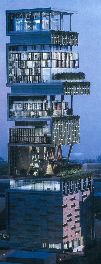 Antilia, the world's first billion-dollar home. (India) Mukesh Ambani House, Billion Dollar Homes, Funky Houses, Ambani House, John Pemberton, Different Types Of Houses, Architecture Unique, Disney Alphabet, Old Apartments