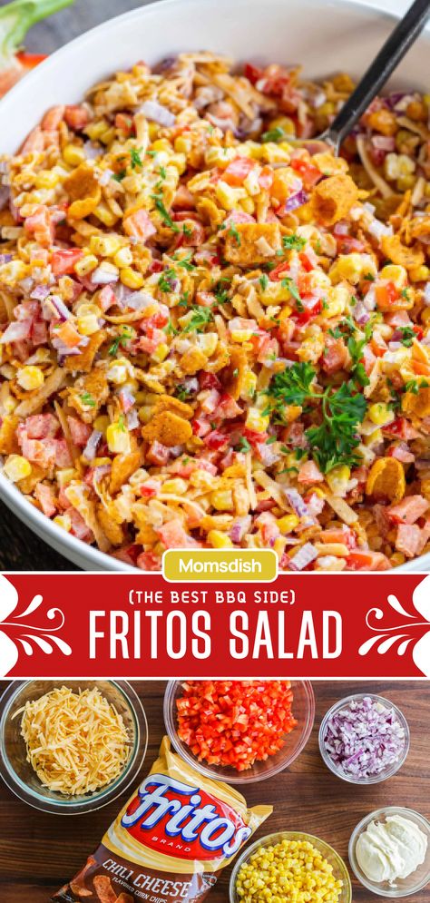 Chilli Cheese Fritos Recipes, Chili Cheese Corn Salad, Fritos Chili Cheese Salad, Fritos Recipes Appetizers, Hoop Salad Frito Recipe, Easy Cold Dinner Ideas For Hot Days, Office Food Ideas Potlucks, Viral Frito Corn Salad, Chili Cheese Fritos Recipes