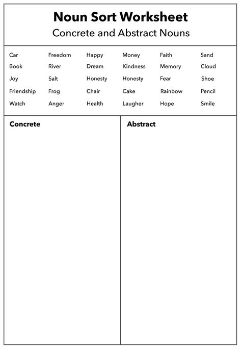 Concrete Nouns Worksheets, Abstract Nouns Worksheet, Noun Activities, Nouns Exercises, Concrete And Abstract Nouns, Worksheet For Class 2, Concrete Nouns, Suffixes Worksheets, Nouns Activities