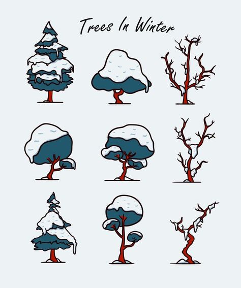 Snow On Trees Drawing, Snow Covered Trees Drawing, Snowy Trees Drawing, Snowy Trees Illustration, Snow Tree Illustration, Snow Tree Drawing, Winter Cartoon Drawing, Winter Trees Illustration, Snowy Tree Drawing