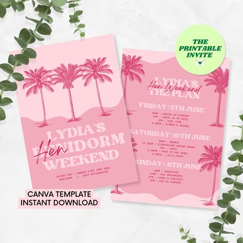 This “Henidorm Themed Hen/Bachelorette Party Invitation and Itinerary" fully editable Canva template is perfect for your destination, Benidorm or girls holiday themed party invites and itinerary. Benidorm Hen Party, Boho Salon Ideas, Holiday Themed Party, Hen Ideas, Bachelorette Party Invite, Hens Party Invitations, Bachelorette Party Invitation, Girls Holiday, Etsy Ideas