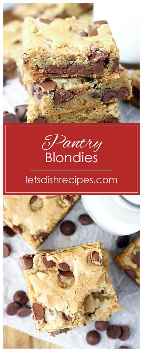 Pantry Blondies Recipe -- These moist, chewy “blond brownies” are studded with chocolate chips, and made with ingredients you probably have on hand. Blondies Recipe Chocolate Chip, Blondie Recipe Chocolate Chip, Choc Chip Blondies, Blondies Recipe Classic 9x13, Treasure Cookies, Chocolate Chip Blondies Recipe Classic, Blond Brownies, Grilled Corn Recipes, Chocolate Chip Blondies