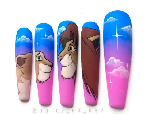 Lion King Nails, Disney Themed Nails, Cartoon Nail Designs, Disney Acrylic Nails, Multicolored Nails, Acrylic Nail Set, Nail Drawing, Diy Acrylic Nails, Winter Nails Acrylic