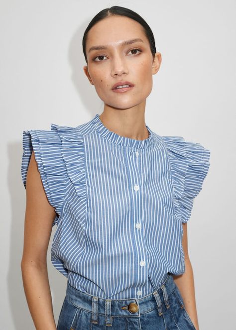 Blue And White Striped Shirt Outfit, White Striped Shirt Outfit, Blue And White Striped Shirt, Frill Top, Maxi Shirts, Frill Sleeves, Maxi Shirt Dress, Midi Dress With Sleeves, Maxi Dress With Sleeves