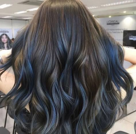 Highlights Brown Hair Blue, Brown Hair Blue Highlights, Brown Hair With Blue Highlights, Hair Blue Highlights, Black Hair Caramel Highlights, Hair With Blue Highlights, Brown Hair With Blue, Ideas For Dark Brown Hair, Blue Brown Hair