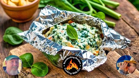 Campfire Spinach Dip Foil Packet Recipe Foil Painted Campfire, Camping Foil Meals Campfires, Campfire Meals Foil, Camp Potatoes Foil, Campfire Potatoes Foil, Chicken Foil Packets, Foil Pack Meals, Foil Packet Meals, Foil Packets