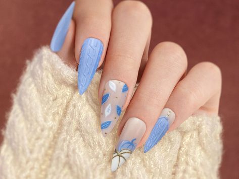 Blue Pumpkin Nails Fall, Autumn Nails Blue, Blue Pumpkin Nails, Blue Autumn Nails, Blue Fall Nails Designs, Fall Nails Blue, Fall Blue Nails, Blue Fall Nails, Fall Sweater Nails