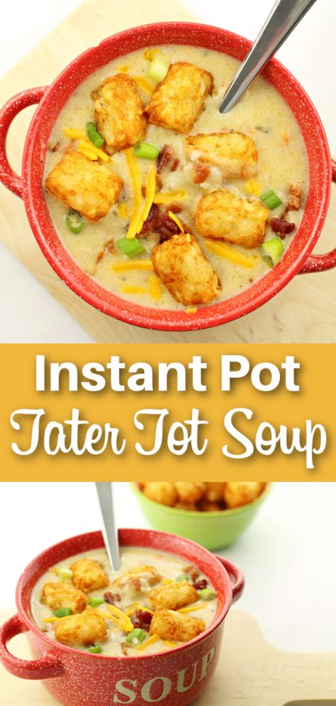 Super fun soup with tater tots as croutons! Make it fast in your Instant Pot #instantpotrecipes Potato Soup With Tater Tots, Tater Tot Soup Crock Pot, Cheesy Hashbrown Soup, Tater Tot Soup, Hashbrown Soup, Ground Beef Soup, Ham And Cabbage Soup, Mixed Seafood Recipe, Cheesy Hashbrown