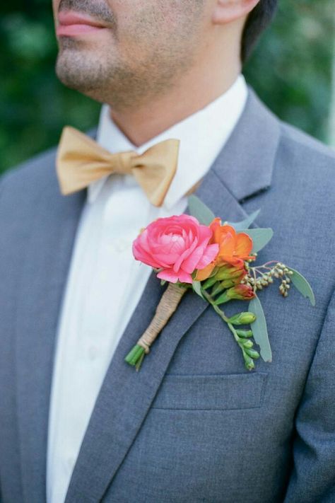 Pink and orange jute twine wrapped boutineer Pink And Orange Corsage, Orange Boutineer, Pink Boutineer, Prom Boutineer, Boutineer Wedding, Orange Boutonniere, Pink Boutonniere, White Boutonniere, Flamingo Garden