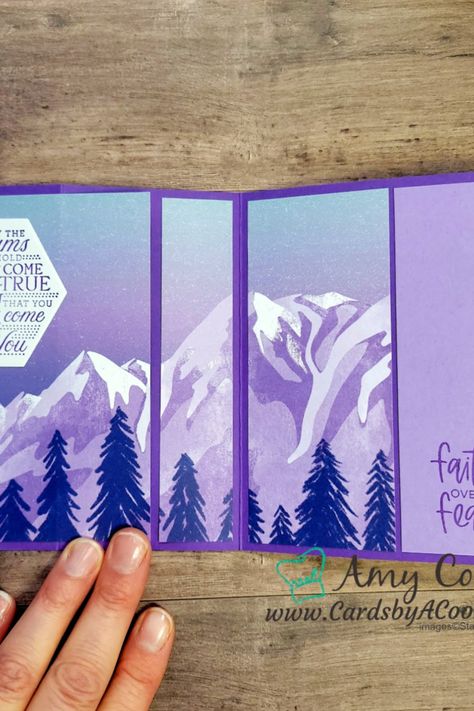 Full Instructions / Tutorial with measurements on my blog! Use Stampin' Up!s Enjoy the Journey 12x12 designer series paper creates fantastic scenery cards easily and quickly. 
#greetingcardsforsale #stampinupdemonstrator
#papercrafting #stampinupcanada #handmadecards
#stampinupdemo #cardsbyacook #greetingcards
#stampinup
#stampinupcards #stampinupofficial #diycards
#makeityourself #fancyfoldcards Stampin Up Greatest Journey, Enjoy The Journey Dsp, Z Fold Cards, Greatest Journey, Designer Paper Cards, Mountain Scenes, Z Cards, Greeting Card Inspiration, Folding Cards