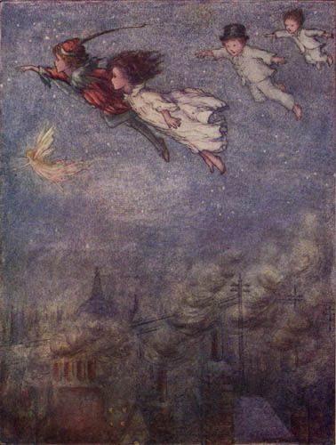 Flora White art , if I had grandchildren I would buy this for their nursery :) Peter Pan Flying, Angels Flying, Flying In The Sky, Fairytale Illustration, Fairytale Art, Poster Vintage, Vintage Artwork, Childrens Illustrations, Pics Art