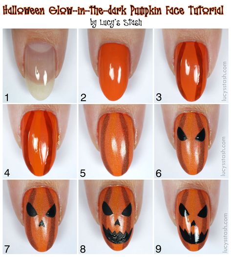 Step By Step Halloween Nails, Jack O Lantern Nail Art, Pumpkin Face Nails, Halloween Diy Nails, Easy Halloween Nails Diy, Easy Halloween Nails Simple, Easy Fall Nail Art, Diy Halloween Nails, Maleficent Halloween