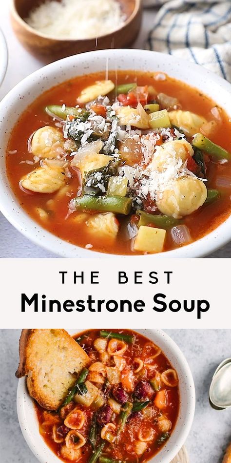 Vegetarian minestrone soup packed with veggies, pasta, kidney beans and simmered in an italian tomato broth. The best minestrone soup recipe ever! Best Minestrone Soup, Best Minestrone Soup Recipe, Minestrone Soup Recipe, Vegetarian Soup Recipes, Minestrone Soup, India Food, Easy Soups, Minestrone, Easy Soup Recipes