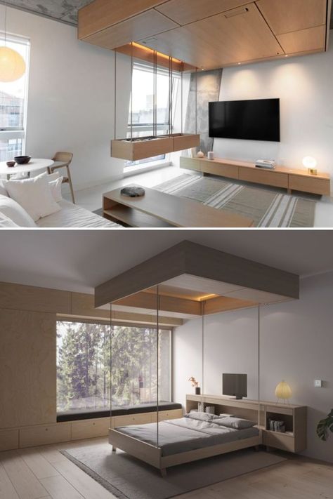 Bumblebee Spaces’ Smart System Hides Furniture in Ceiling to Maximize Floor Space Space Saving Ideas For Home, Modular Furniture System, Smart Bedroom, Home Systems, Small Living Room Layout, Flat Decor, Smart System, Loft Living, Smart Furniture