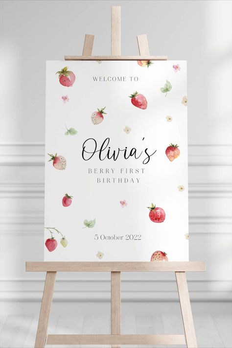 Fully editable Strawberry Welcome Sign template, you can edit and download in your browser, using the web application Templett. _______________________________ invitaion - https://www.etsy.com/il-en/listing/1411542035/berry-first-birthday-invitation?ref=listings_manager_grid ______________________________ Purchase, edit and print within minutes! DEMO Try before you buy! A FREE demo is available below: http://templett.com/design/demo/studiomarsey/18671373,18671360,18667147 Strawberry Party Decorations, First Birthday Welcome Sign, 1st Bday Cake, Baby Birthday Party Theme, Strawberry Watercolor, First Birthday Sign, Berry First Birthday, Strawberry Birthday, Baby Birthday Themes