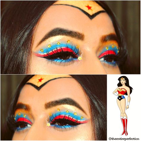 Wonder Woman (DC Comics) Inspired Makeup Wonder Women Makeup Ideas, Super Woman Makeup Halloween, Wonder Woman Eye Makeup, Hero Makeup Ideas, Superhero Inspired Makeup, Wonder Woman Costume Makeup, Super Girl Makeup Halloween, Superwoman Makeup Halloween, Wonderwomen Makeup