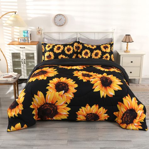 PRICES MAY VARY. SUNFLOWER GIFTS DESIGN: Sunflower bedding set is designed as sunflower bedroom decor for your bedroom and relieve pressure points and support your body for a more comfortable sleep. Perfect gift for sunflower lovers. REMIUM MATERIAL: We have chosen premium material of cotton&tencel, super breathable, soft and cosy. What make it special: tencel, different from polyester, is environmental as soft as cotton and easier to absorb sweat, no shrink. SUNFLOWER BEDDING FULL SIZE: 1 comfo Sunflower Comforter, Sunflower Bedroom Decor, Sunflower Bedroom, Full Size Comforter Sets, Bedding Comforter Sets, Black Bed Set, Butterfly Bedding Set, Full Size Comforter, Flower Comforter