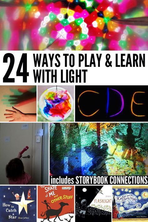 24 Ways to Play and Learn About Concepts Related to Light - night and day, sun, shadows, etc. Includes related story book suggestions Light Study Art Activities, Light Preschool Theme, Light Unit Prek Activities, Prek Light Unit, Light And Shadows Preschool, Light Study Preschool, Light Unit Preschool, Light Preschool Activities, Science Light