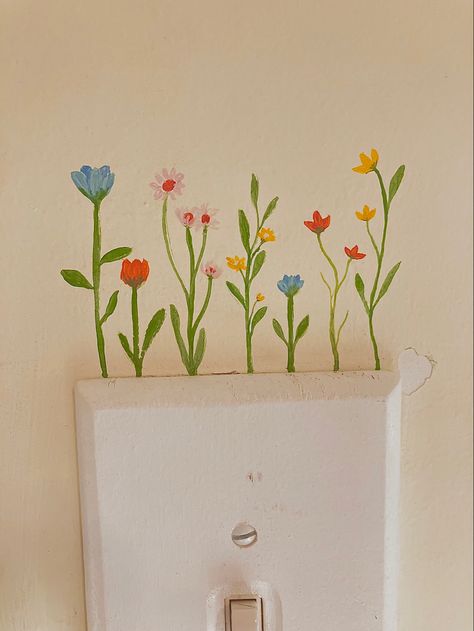 Wall Painting Around Window, Door Painting Ideas Bedroom Vintage, Flowers Painted On Door, Door Painting Ideas Bedroom Easy, Door Drawing Ideas Bedroom, Light Switch Art Paint, Cute Door Painting Ideas Bedroom, Painted Doors Creative Bedroom, Light Switch Painting Ideas