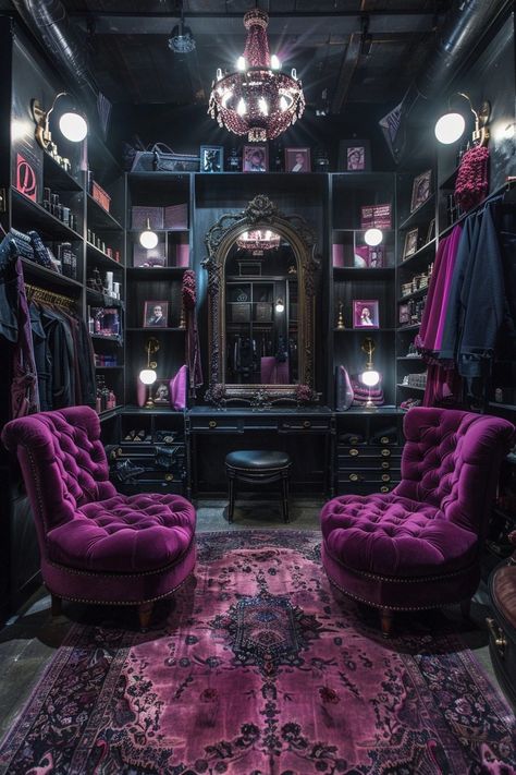 29 Dark Academia Decor Ideas to Enrich Your Home with Scholarly Charm 23 Dark Academia Closet Room, Gothic Dressing Room, Victorian Room Ideas, Fae Castle, Goth Glam Decor, Tacky Decor, Gothic Items, Makeup Tables, Violet Room