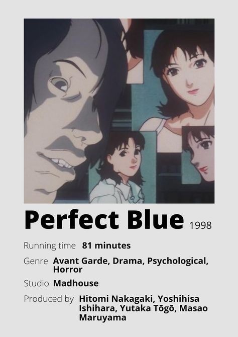 Perfect Blue Anime Minimalist poster 😊 Information taken from myanimelist.net and wikipedia.org Perfect Blue Anime, Anime Minimalist Poster, Poster Information, Perfect Blue, Blue Anime, Minimalist Poster, Anime Movies, Psychology, Drama