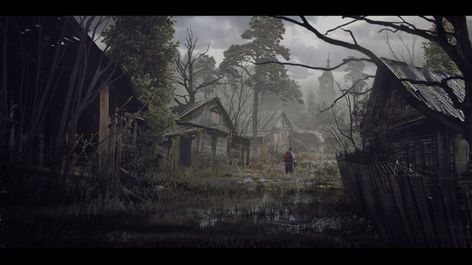 ArtStation - Dark Village , Sergey Ka Abandoned Village Fantasy Art, Dark Village, Fantasy Settings, Art Supplies List, Forest Village, Theme Dark, Lakeside Village, Fantasy Village, Abandoned Village