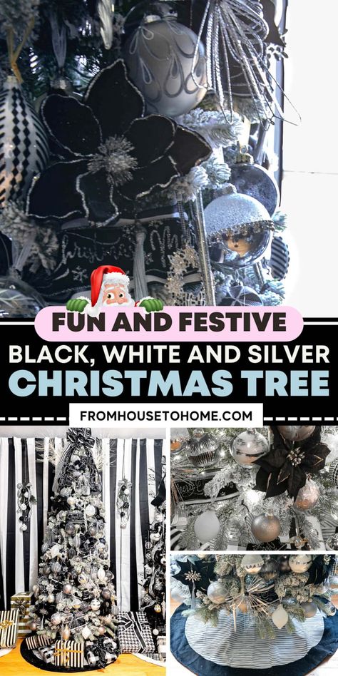 Fun and festive black, white and silver Christmas tree White Themed Christmas Tree, Elegant Christmas Tree Decorating Ideas, White And Silver Christmas Tree, Christmas Pictures With Lights, Christmas Tree Theme Ideas, Christmas Lights Diy, Tree Theme Ideas, Black Christmas Tree Decorations, White And Silver Christmas