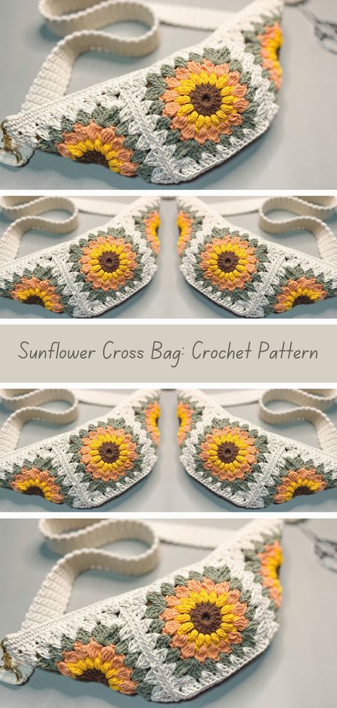 Crochet pattern for sunflower cross bag. Stylish and practical accessory. Adds a pop of color to any outfit. Cross Bag Crochet, Bag Crochet Pattern, Crochet Flowers Easy, Womens Crochet Patterns, Crochet Bag Pattern Free, Crochet Daisy, Crochet Sunflower, Crochet Purse Patterns, Crochet World