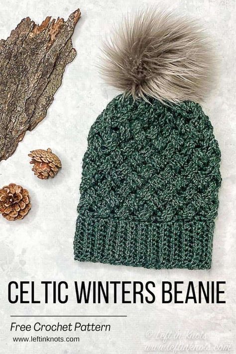 The crochet Celtic stitch beanie is a free pattern written in child, small adult and adult sizes. A video tutorial teaches you the Celtic weave stitch in the round. Winter Hat Crochet Pattern Free, Crochet Problems, Native Crochet, Crochet Nirvana, Crochet Hat Patterns For Women, Crochet Beanie Free Pattern, Useful Crochet Projects, Crochet Celtic, School Farm