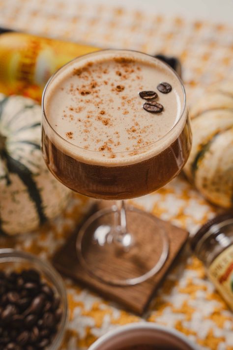 Pumpkin Espresso Martini - Sauced by Sunday Fall Expresso Martini, Fall Espresso Martini, Pumpkin Espresso Martini, Pumpkin Espresso, Autumn Cocktails, Autumn Camping, Autumn Drink, College Recipes, Thanksgiving Cocktails