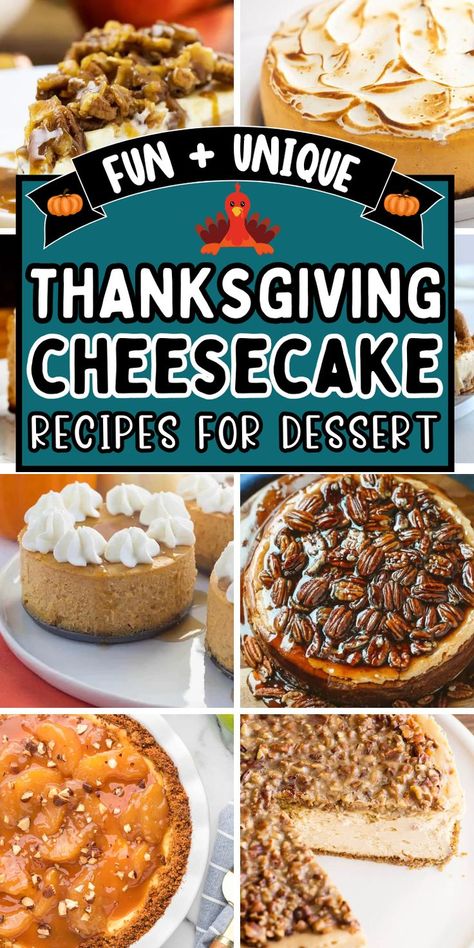 Easy Thanksgiving cheesecake recipes for unique holiday desserts! These fall themed cheesecake flavors include pumpkin, caramel apple, and pecan pie cheesecake, plus cheesecake bars and mini cheesecake bites, perfect for your thanksgiving dinner or friendsgiving potluck. Cheesecake Recipes Thanksgiving, Thanksgiving Cheesecakes, Gluten Free Thanksgiving Dessert, Cheesecake Caramel Apple, Dessert Ideas For A Crowd, Easy No Bake Pumpkin Cheesecake, Fall Cheesecake Recipes, Unique Thanksgiving Desserts, Fall Desserts Thanksgiving