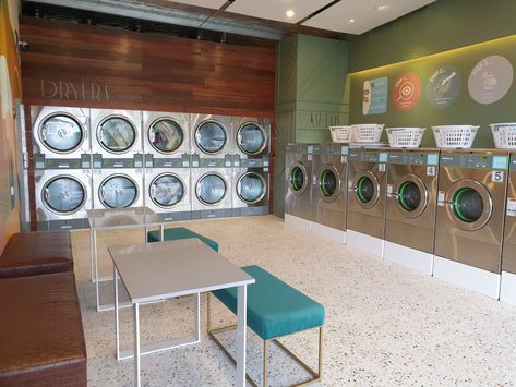 Laundromat Interior Design, Laundromat Design Ideas, Laundrette Design, School Laundry Room, Laundry Shop Design, Laundry Mat Aesthetic, Laundry Store Design Ideas, Laundromat Aesthetic, Laundromat Design