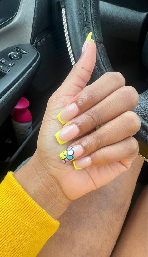 Yellow French to short nail Cute Simple Yellow Nails, Yellow Tips Nails, Flower Accent Nail, Yellow French Tips, Nail French Tip, Yellow French Tip, Nail Cam, Acrylic Nails Yellow, Sister Goals