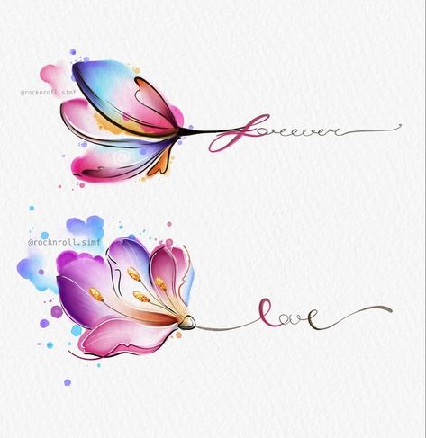 Cute Colour Tattoos For Women, Small Tattoo Ideas With Flowers, Violet Flower Tattoo Watercolor, Colourful Tattoo For Women, Small Coloured Tattoos, Coloured Tattoos For Women, Coloured Flower Tattoo, Watercolor Tattoo For Women, Small Colorful Tattoos For Women