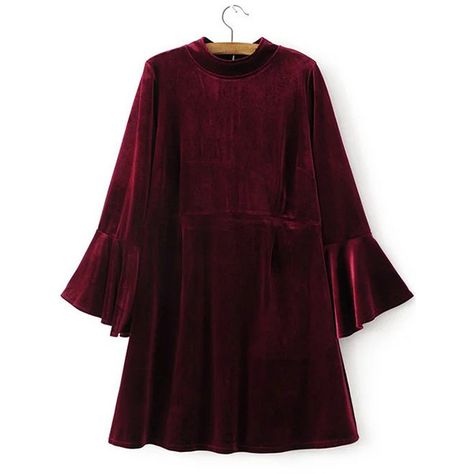 Yoins Burgundy Flared Sleeves Velvet Mini Dress with Splited Back ($27) ❤ liked on Polyvore featuring dresses, purple mini dress, burgundy velvet dress, purple dress, short purple dresses and bell sleeve mini dress Velvet Skirt Outfit, Flared Sleeve Dress, Purple Short Dress, Cutout Dresses, Dress Bell Sleeve, Velvet Dress Short, Purple Velvet Dress, Burgundy Velvet Dress, Cheap Dress