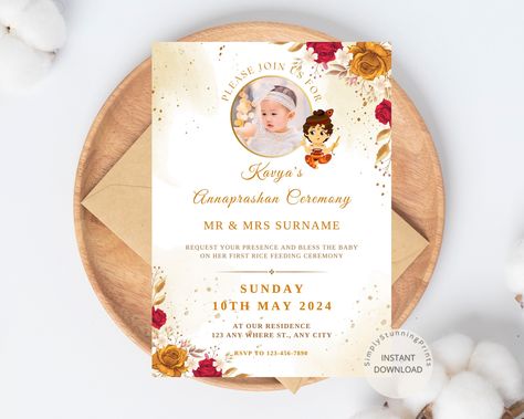 Annaprashan Invitation Card  | Yellow Red Floral Invitation |  Rice Weaning Ceremony Invite | Pasni Invitation | Digital Download by SimplyStunningPrints on Etsy Annaprashan Invitation, Weaning Ceremony, Invitation Floral, Unique Invitations, Invitation Digital, Invitation Card Design, Online Invitations, Weaning, Floral Invitation