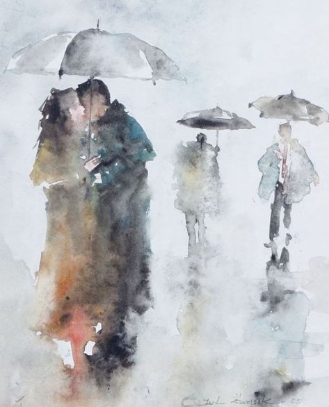 Drawing Rain, Couple Drawing, Umbrella Art, People Walking, Watercolour Inspiration, Seni Cat Air, Painting People, Watercolor Painting Techniques, Watercolor Sketch