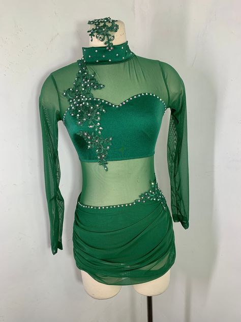 Contemporary dance Costume, lyrical  dance costume, dance costume, competition Dance Costume,  teal dance costume, custom leotard     Contemporary Dance costume ,Forest green custom leotard, one of Our best selling costumes can be custom ordered in any color or size.   **This version has additional Appliques and therefore stones and a lower back elastic strap with appliqué and matching hairpiece  Can add additional Swarovski rhinestones separately to your order  Gorgeous in this color way but ca Snake Dance Costume, Emerald Green Lyrical Dance Costume, Green Contemporary Dance Costumes, Emerald Green Dance Costume, Long Sleeve Dance Costume, Dark Green Dance Costume, Dance Duet Costumes, Dance Costumes Green, Green Dance Costume