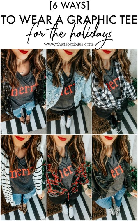 How to Wear a Graphic Tee for the Holidays | This is our Bliss Tshirt In Winter Outfit, Christmas Tshirt Outfits Women, Leggings And Band Tee Outfit, Christmas Tshirt Outfit Ideas For Women, Cute Tshirt Outfits Winter, Christmas Shirt Outfit Women, Christmas Tshirt Outfit Ideas, Graphic Tee Spring Outfit, Graphic Tshirt Styling