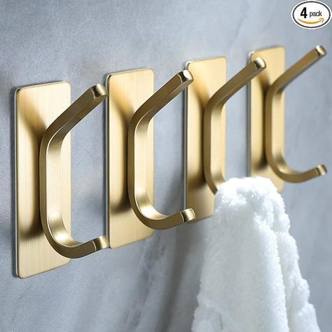 YIGII Towel Hooks/Adhesive Hooks - Brushed Gold Wall Hooks for Hanging Coat, Hat, Towel Robe Hook, Bathroom and Bedroom 4-Packs, Stainless Steel: Amazon.com: Tools & Home Improvement Gold Bathroom Hardware, Toilet Holder, Bathroom 2023, Gold Kitchen Accessories, Bathroom Towel Hooks, Gold Bathroom Accessories, Dorm Organization, Robe And Towel Hooks, Adhesive Wall Hooks